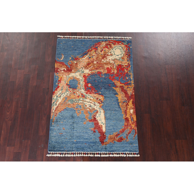 Tapis en laine fait à la main à motif végétal abstrait 3 x 5