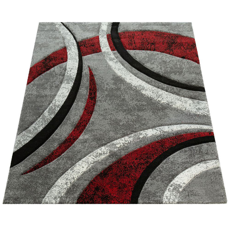 Red and Gray Abstract Rectangular Synthetic Area Rug
