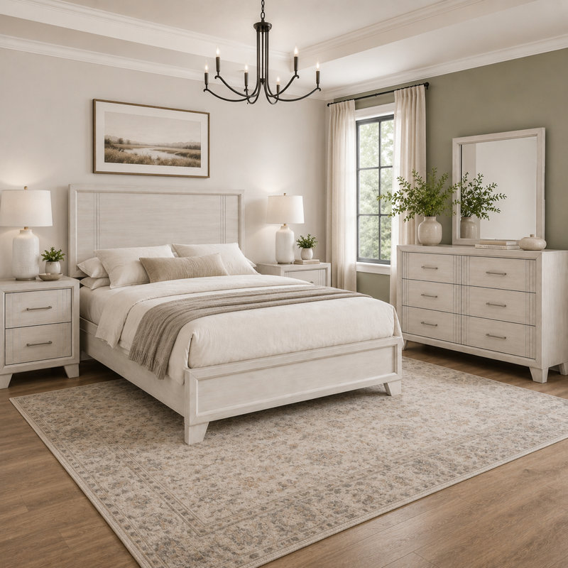 Ensemble de chambre pour grand lit, blanc, argent, bois crème, ensemble de 4 pièces avec 2 tables de chevet et commode