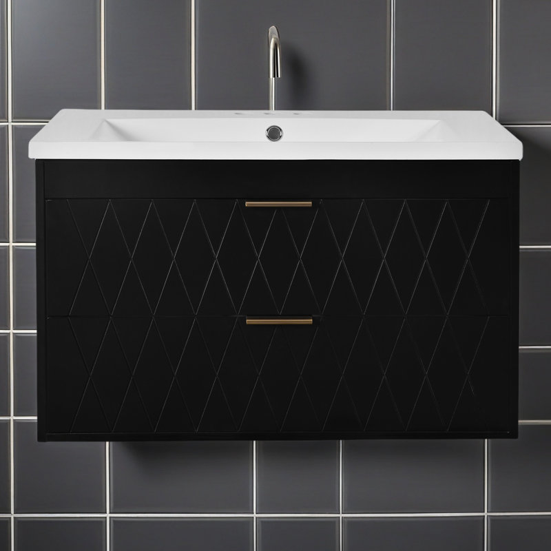 Meuble-lavabo mural 30 po avec lavabo en résine, armoire de rangement flottante avec 2 tiroirs, armoire de salle de bain en bois massif