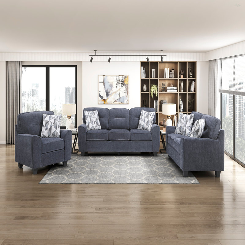Ensemble de canapé-lit contemporain 3 pièces Ensemble de coussins décoratifs en tissu durable Bellefonte, Bleu