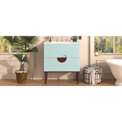Ensemble de meuble-lavabo 30 po avec lavabo en céramique, armoire de rangement moderne avec 2 tiroirs, cadre en bois massif, bleu