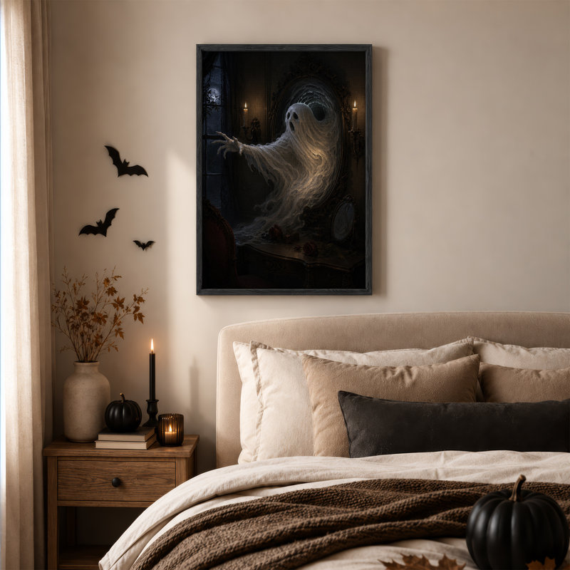 Fantôme émergeant d'un miroir orné dans une pièce sombre - Toile murale d'Halloween, H 48 po x l 36 po