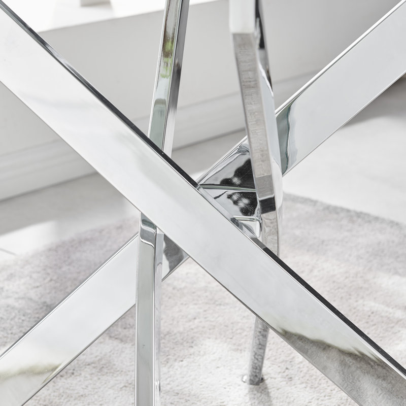 Lenworth Chrome and Glass Rectangular Dining Table Set with 6 Luxury Modern Velvet Chairs