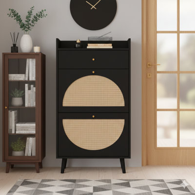 Allen Two-Door, One-Drawer Storage Cabinet In Rattan, Double-Layer Shoe Rack, Suitable For Entryway Use