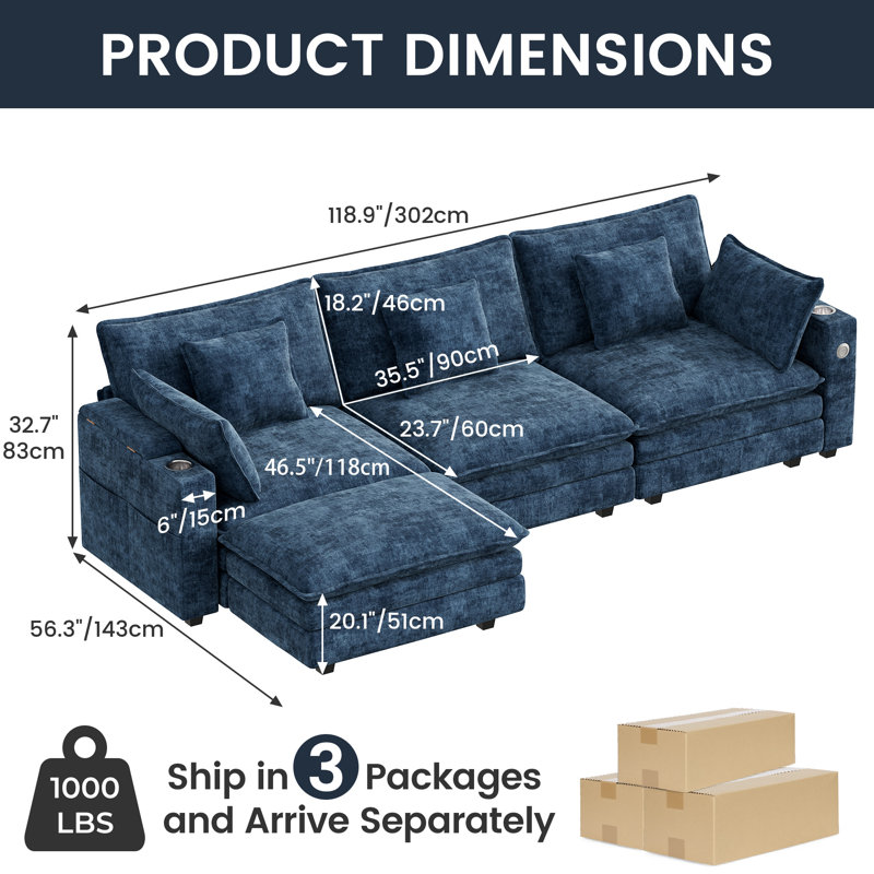 Canapé modulaire en chenille avec bras de rangement et port USB, aucun assemblage requis, Chenille bleue marine