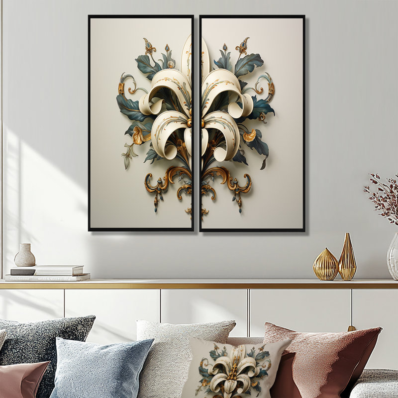 Fleur de lis «A Stylized Lilly Flower II», art mural astronomique doré, 32" H x 32" W, Impression encadrée flottante, Black