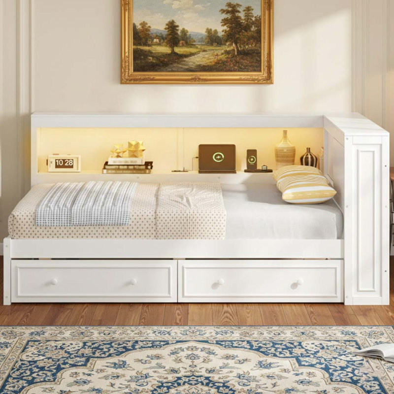 Full Size Wood Daybed with Storage Shelves, USB, LED, and 2 Drawers, White, Perfect for Modern and Functional Living, White