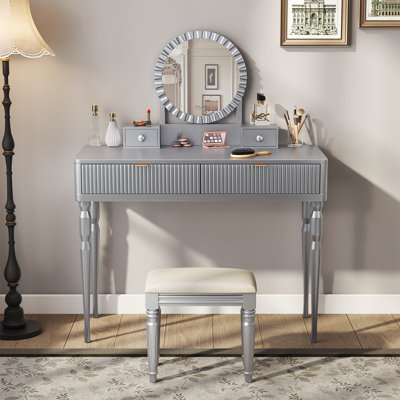 Gault Makeup Vanity with Sunflower Mirror, 4 Drawers & Upholstered Stool by Lark Manor