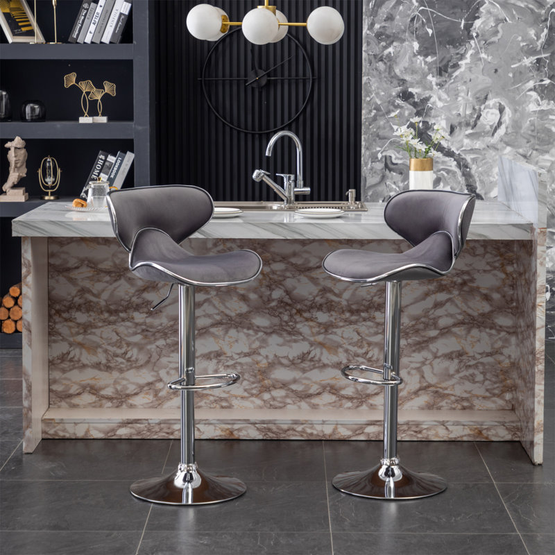 Masaccio Velvet Upholstered Adjustable Swivel Barstool, Set Of 2, Gray