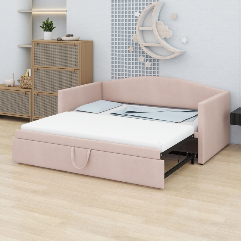 Canapé-lit convertible avec lit gigogne escamotable, lit d'invité peu encombrant avec espace de couchage extensible, Pink