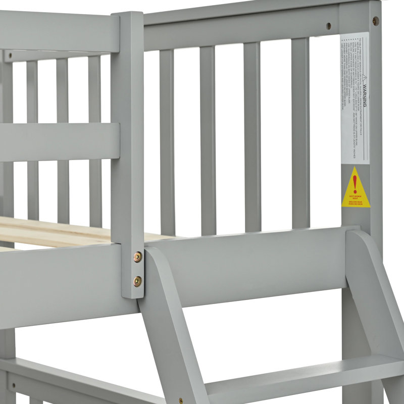 Twin Over Full Gray Bunk Bed Of Wood, Equipped With And Features, Strong Pine Build, Can Be Split Into Two For Added Convenience, No Spring Box Necessary, Top Handrail - Length Protection, Bottom