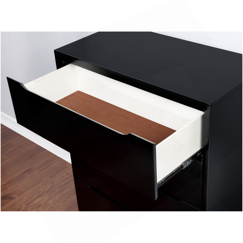 Commode Mid-Century moderne noire à 4 tiroirs avec poignées encastrées et fuselées, Noir