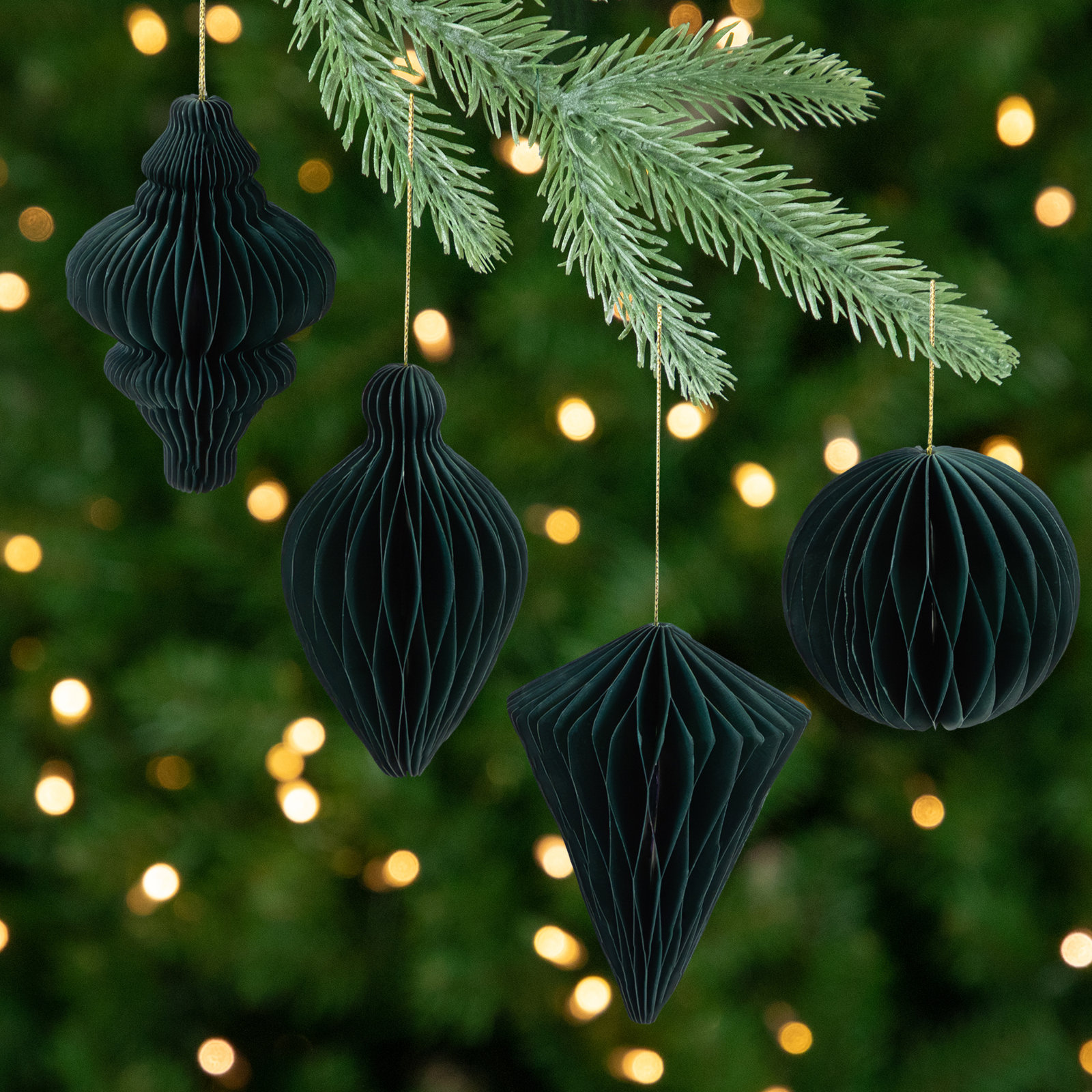 Accordion Honeycomb Foldable Paper Christmas Ornaments - 4" - Set Of 4, Green