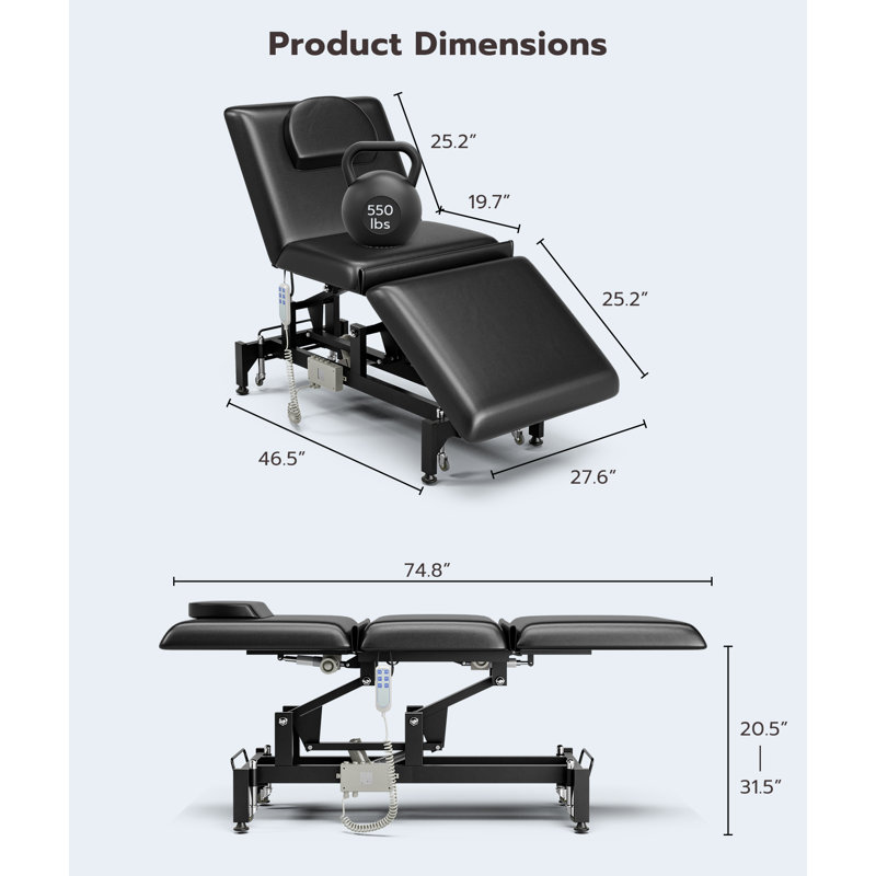 Table de massage entièrement électrique avec roulettes, table de traitement médicale réglable en 3 sections pour clients, lit de physiothérapie pour soins esthétiques du visage et spas, examen, noir