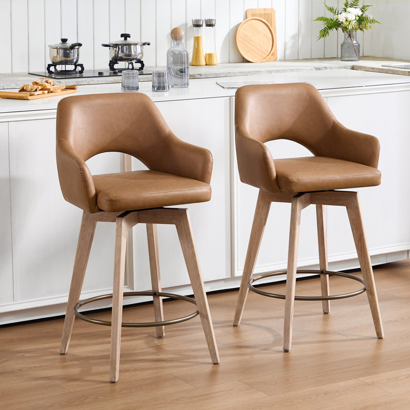 Lovetro  Mid Century Modern Open Back Faux Leather Upholstered Swivel Counter Stool with Wire Brushed Solid Wood Legs, Brown