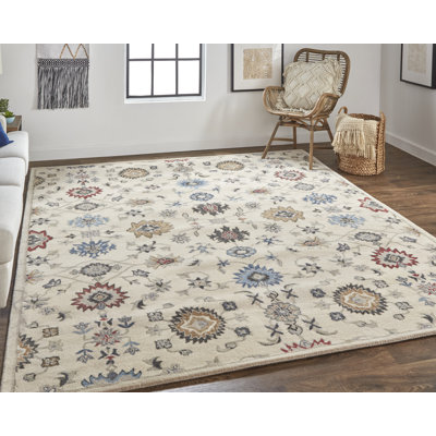 Tapis touffeté à la main en coton / laine ivoire / bleu / rouge Atlandida