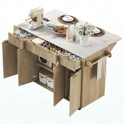 Fluted Kitchen Island With Storage, 55.5" Kitchen Island With Drop Leaf, Power Outlet, 4 Doors And 3 Drawers, Rolling Island Table With Faux Marble To