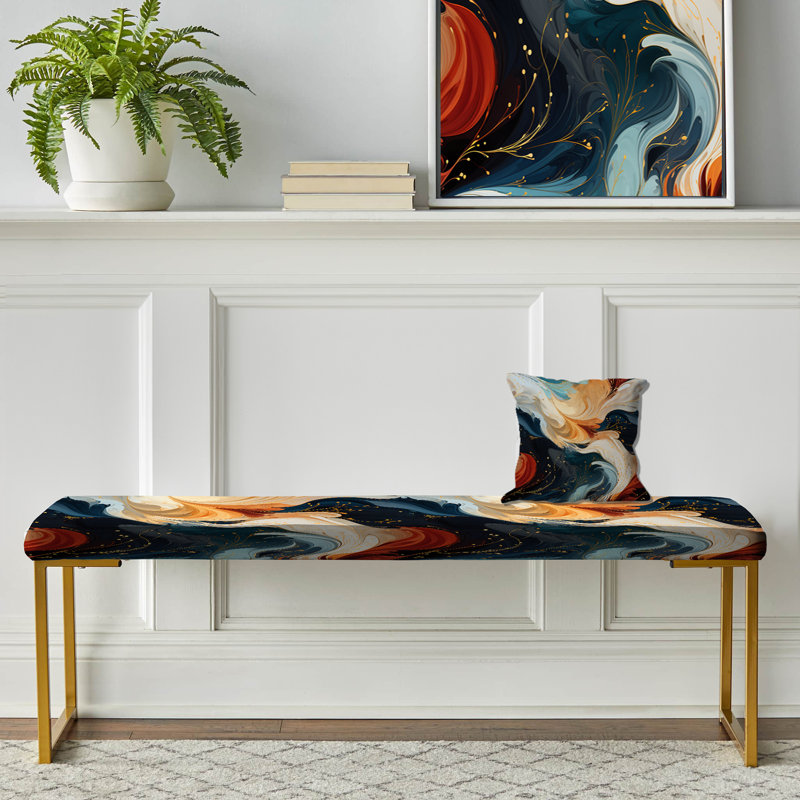 Orange And Teal Bohemian Marble Whirl - Marble Upholstered Gold Bench