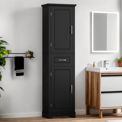 Grande armoire de rangement pour salle de bain, armoire de rangement autoportante avec deux portes et tablettes réglables, conception à étagère de porte, panneau en panneau de fibres à densité moyenne avec finition peinte, noir