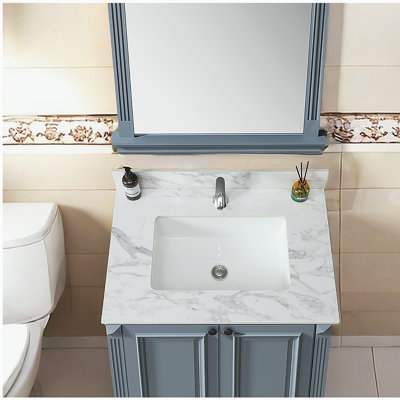 Dessus de meuble-lavabo 31 po x 22 po, comptoir de meuble-lavabo Barthroom en pierre frittée blanc avec lavabo rectangulaire encastré en céramique