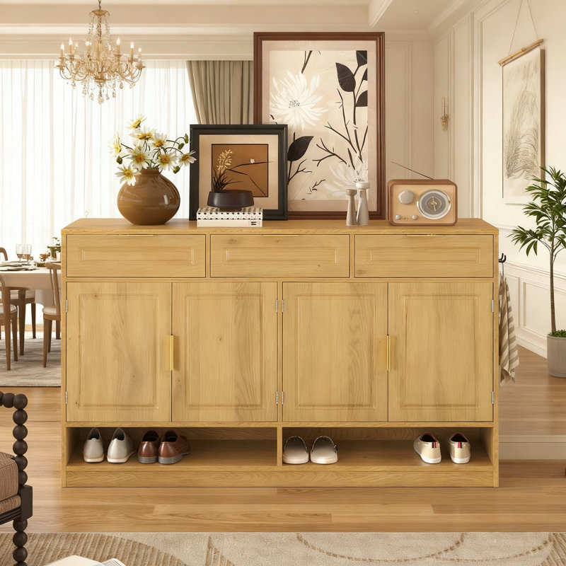 Farmhouse Sideboard With 3 Drawers, 4 Doors, Adjustable Shelf And Open Storage Compartments, Natural