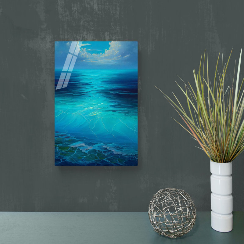 Décoration murale en verre trempé bleu mer et ciel, impression d'art moderne paysage sur verre, H 29,5 po x l 19,5 po
