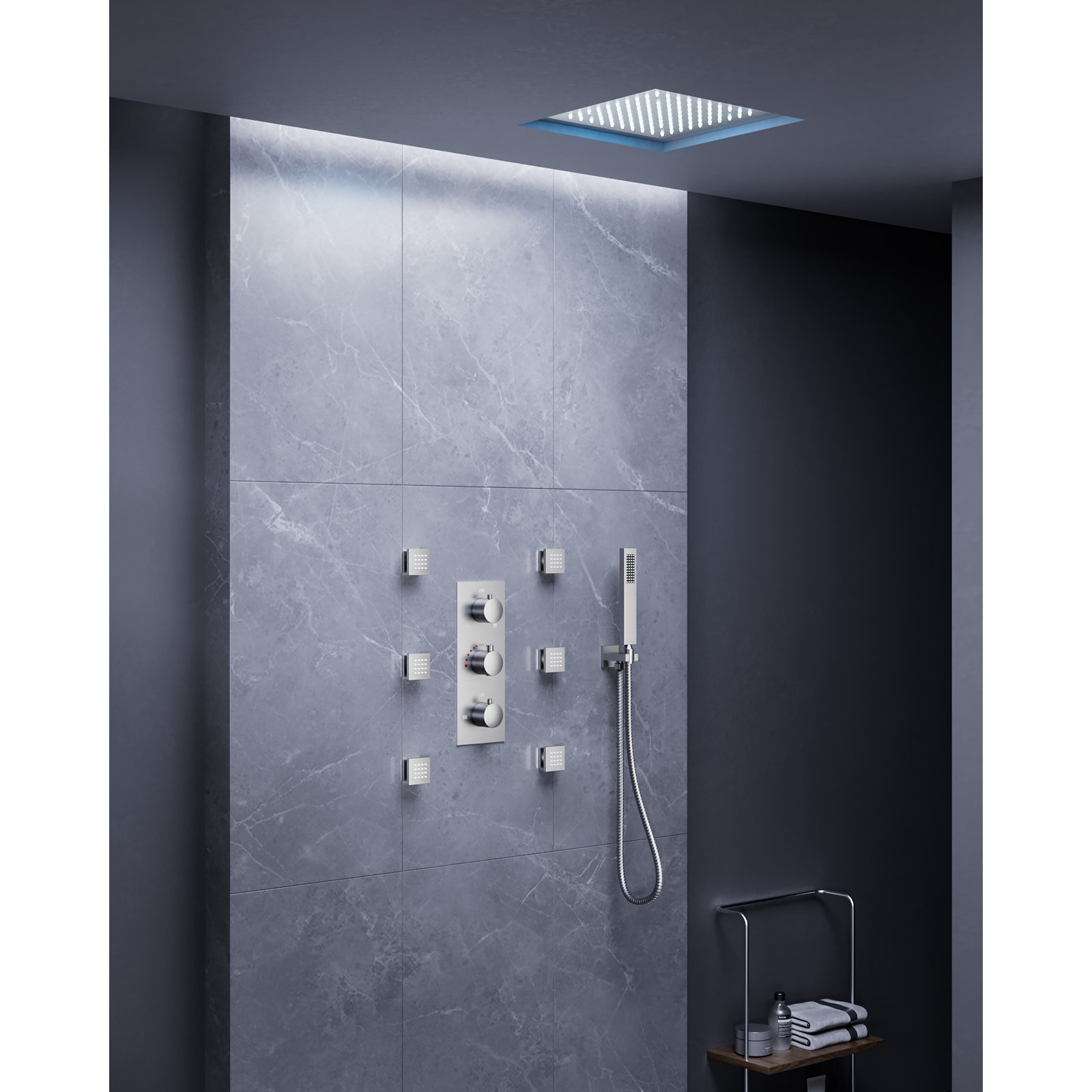 12" Thermostatic LED Rainfall Shower System, Brushed Nickel