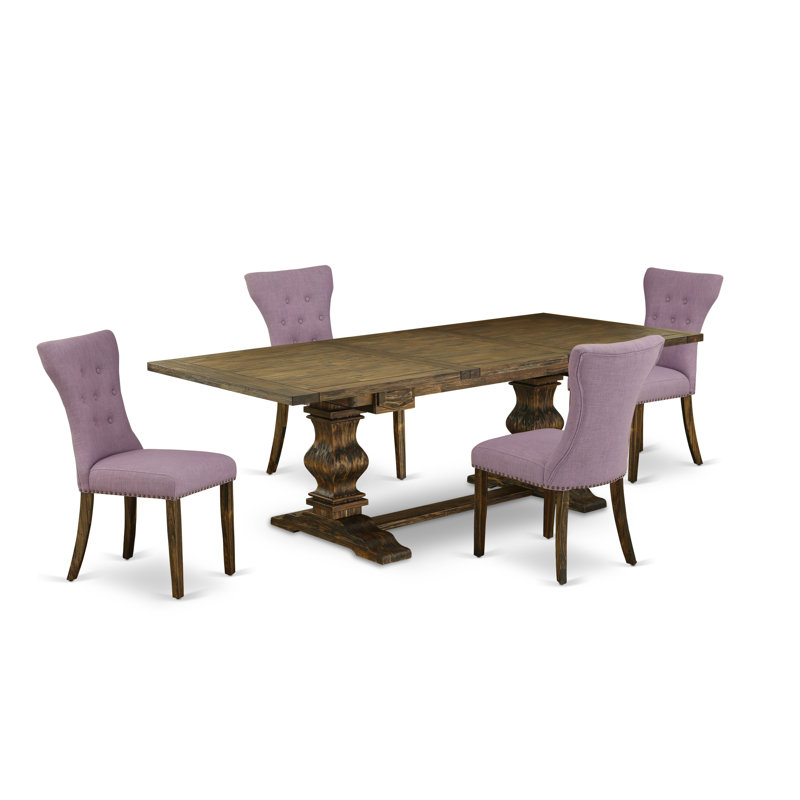 L'ensemble de mobilier de salle à manger 5 pièces comprend une table rectangulaire en bois avec rallonge amovible et 4 chaises rembourrées en lin Dahlia, patiné Jacobean