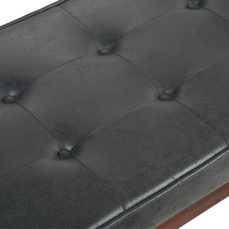 Pierce 48"W Mid-Century Modern Button Tufted Ottoman Bench with Solid Wood Frame, Distressed Black