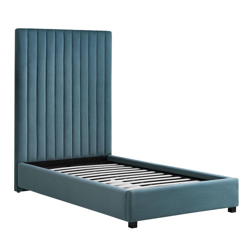 Lit plateforme simple Wooden, Velours bleu mer