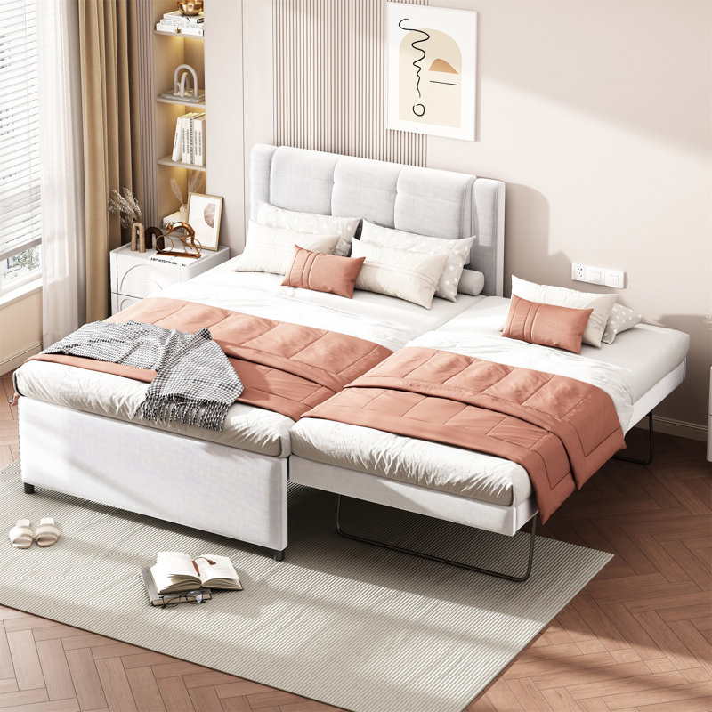 Lit tapissier beige avec lit gigogne escamotable, Beige