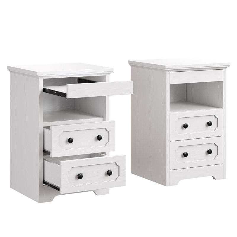 Wooden Nightstand Set Of 2, Bedside Table With 2 Drawers And Open Shelf, End Table With Pull-Out Tray, Side Tables For Living Room And Bedroom, White