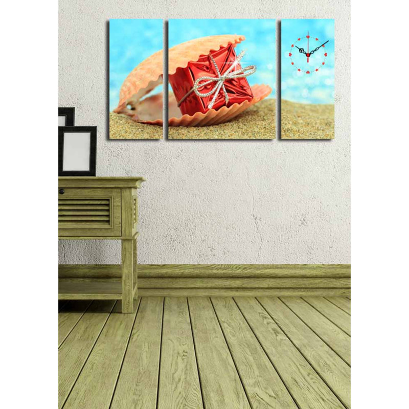 Horloge murale élégante en toile décorative (3 pièces), 33,5 po x 17,7 po | Toile 100% suède avec cadre 100% bois (épaisseur: 1,2 po) | Décoration élégante pour le salon et le bureau, design unique et horloge