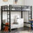 Queen Size Metal Loft Bed with Ladder & Guardrails, Black, Space-Saving & Durable-193405431
