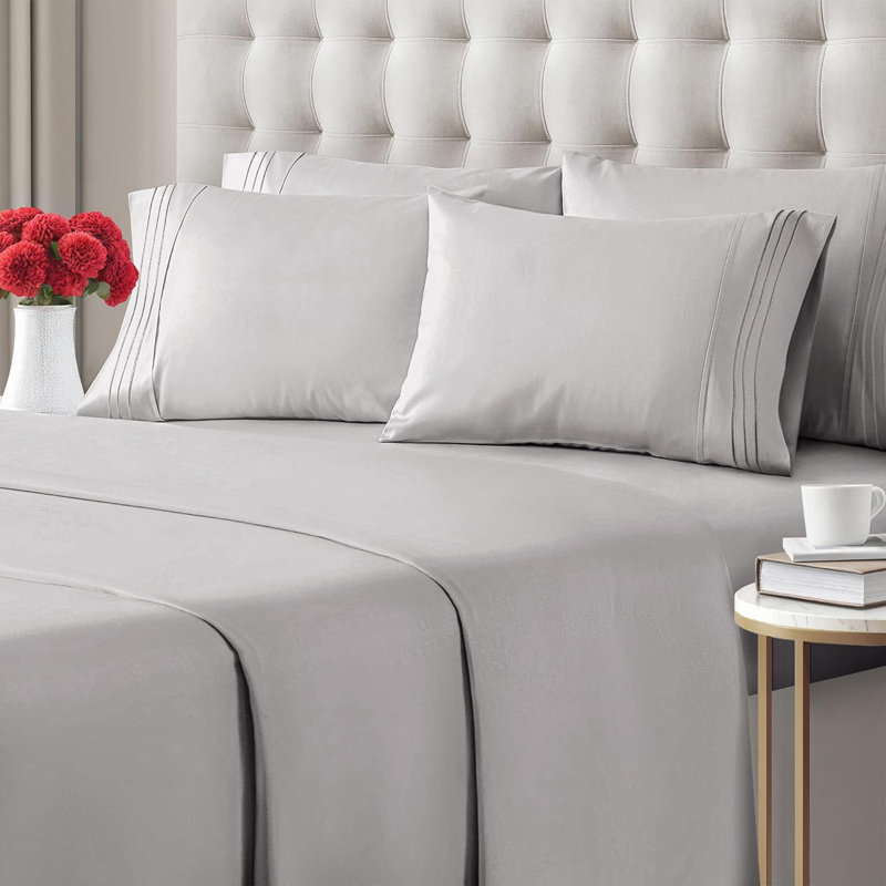 6 Piece Sheet Set, Soft Cooling Bed Sheets, Breathable & Wrinkle Free, Hotel Luxury Bedding, Light Gray