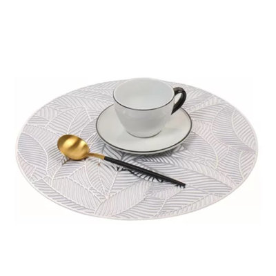 Placemats and Coasters Set Hollow Insulation 6 Pcs Round Dining Table Place Mats Leaf Shape Cup Silver