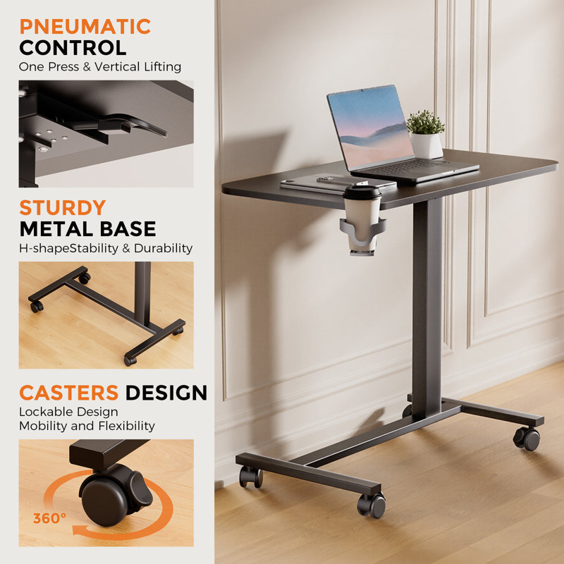 Adjustable Overbed Bedside Table With Lockable Wheels, Pneumatic Mobile Standing Laptop Desk, Small Standing Desk Portable Rolling Overbed Table Hospital Home Use