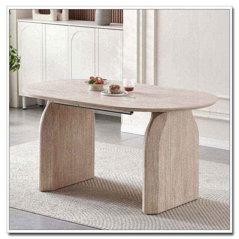 Table de salle à manger en bois extensible, table de cuisine ovale moderne avec un design à deux piliers élégant, pour la salle à manger et le rassemblement, multifonctionnel et peu encombrant, salon et salle à manger.