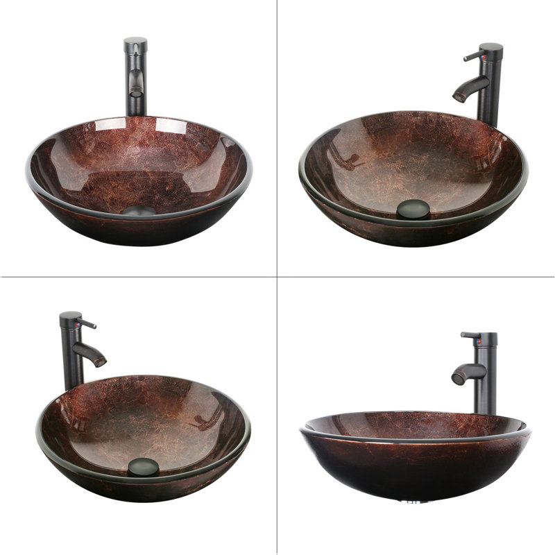 Lavabo de salle de bain vasque circulaire fait à la main brun avec robinet