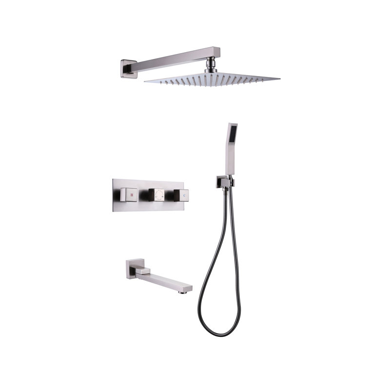 Douche 10 "en nickel brossé - Fixation murale, laiton massif, alimentation en eau chaude et froide avec système poli à température réglable 10" x 10 "pomme de douche à 3 fonctions, contrôle de température facile, conseils