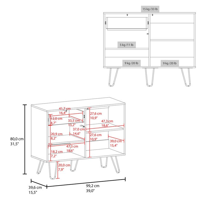 Console Tori de 39 po de largeur avec deux armoires, un tiroir et quatre tablettes, blanc - chêne naturel
