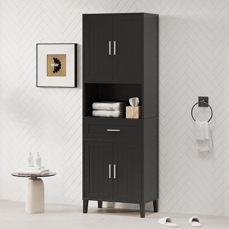 Grande armoire autoportante de 70,9 po de hauteur avec tiroir, 2 armoires, 4 portes à fermeture en douceur, 2 tablettes réglables, rangement ouvert, pour la salle de bain, le salon, la salle de lavage