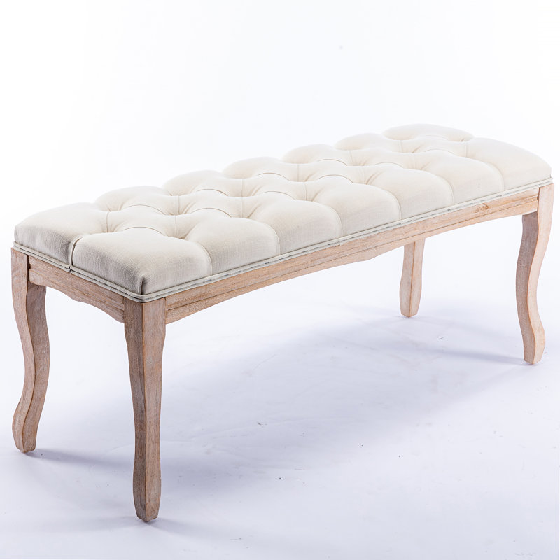 Bedroom Bench, French Vintage Tufted Entryway Bench, 43.3" Carving Upholstered End Of Bed Bench With Distressed Wood Legs, Linen Ottoman Seat For Living Room, Foyer, Dining Room