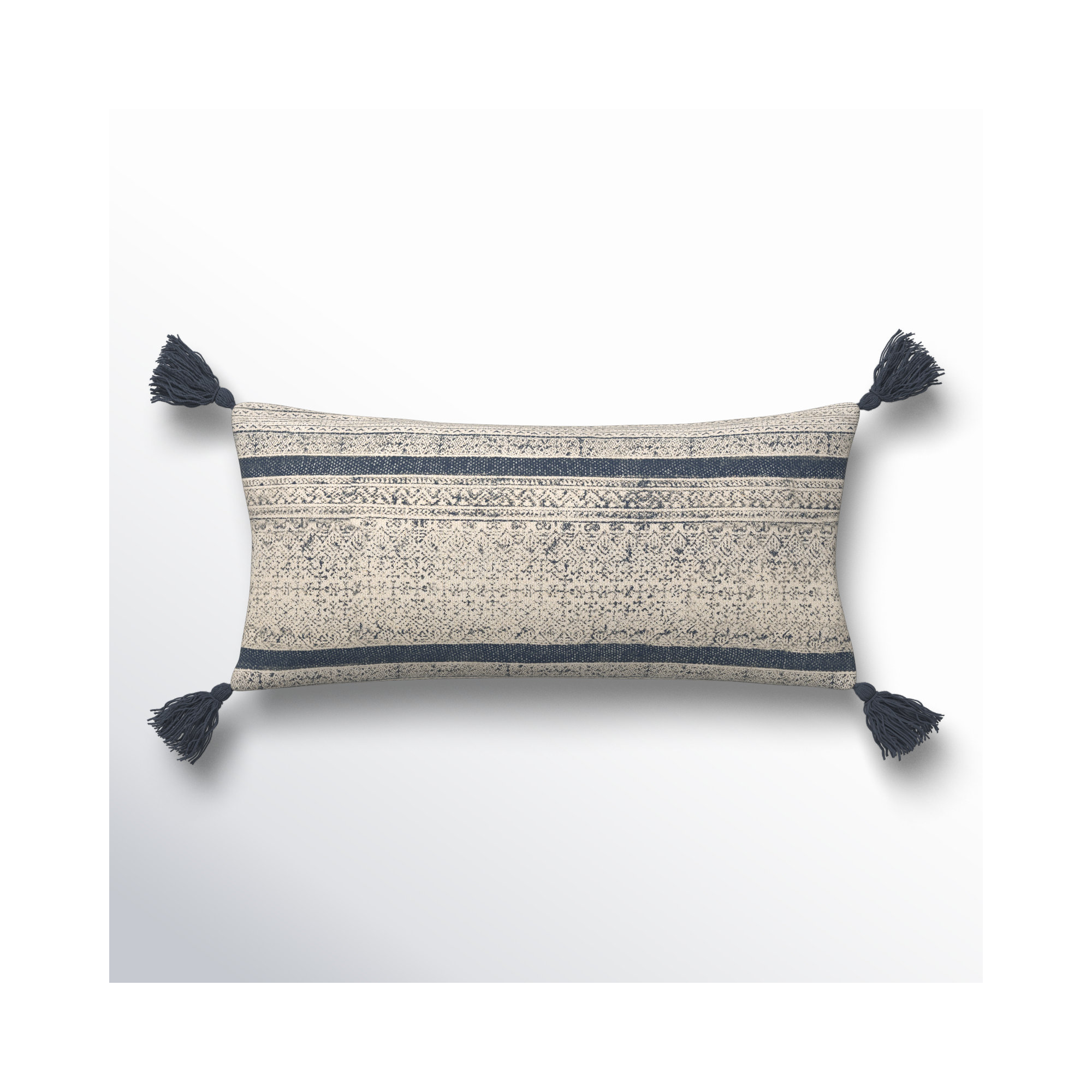 Zetta Tassels Cotton Lumbar Throw Pillow, Pillow Cover Only - No Insert, Beige/Denim