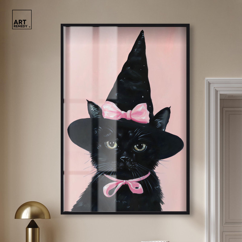 Décoration mignonne d'Halloween chat mignon sorcière par Art Remedy, cadre noir, 36 x 54, H 55 po x l 37 po, Cadre noir