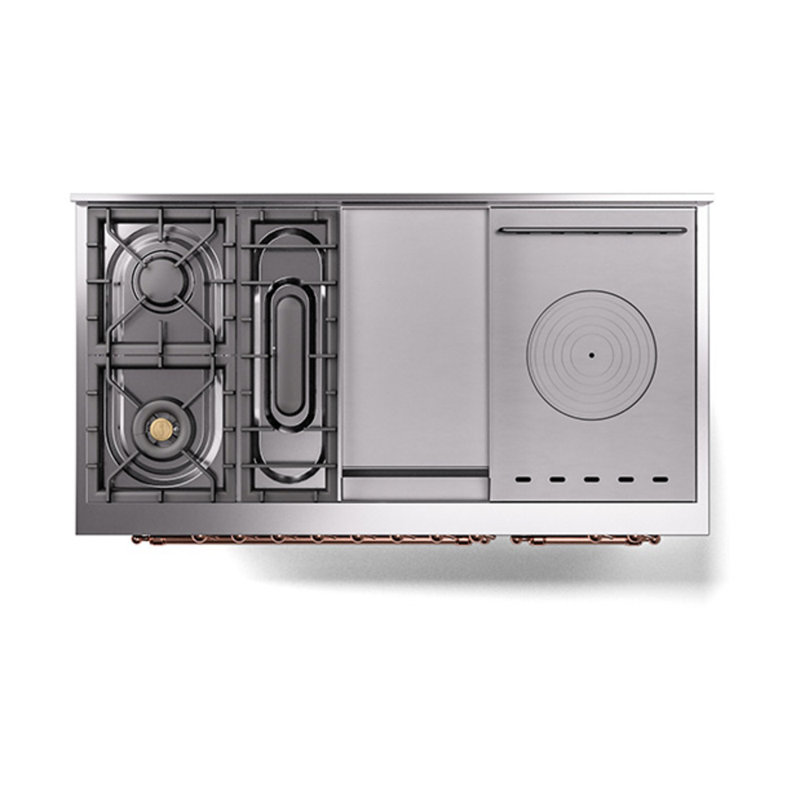 ILVE Nostalgie II Noblesse 48 in Dual Fuel Range, 5 Burner, Griddle, Frenchtop, Burgundy/Copper, Natural Gas