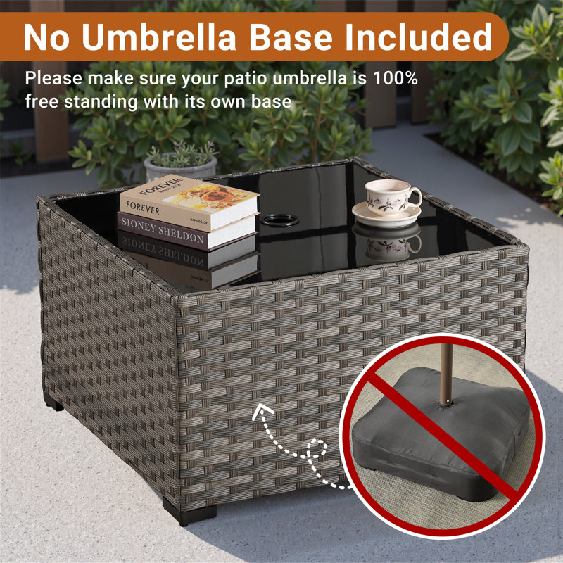 Square Wicker/Rattan Outdoor Coffee Table With Umbrella Hole, Gris clair