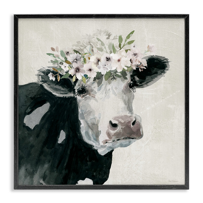 «Gazing Cow with Florals», art de la giclée encadrée par Carol Robinson, H 12 po x l 12 po, Noir