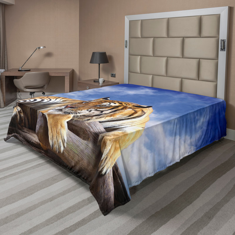 Drap plat Ambesonne Savannah Tiger sur bois faune moutarde noir et bleu, Drap plat pour très grand lit californien